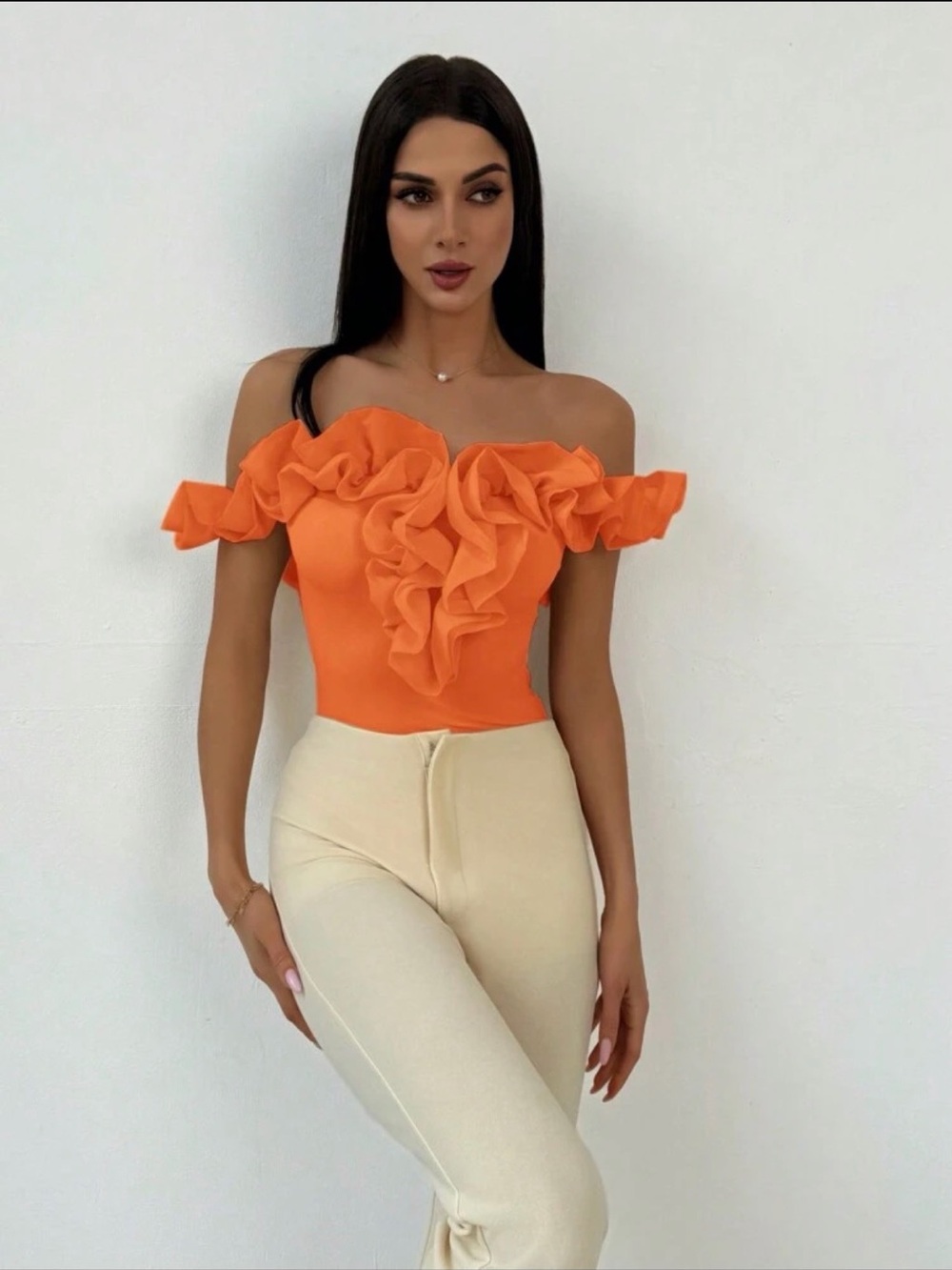 SHEIN Orange Off-Shoulder Ruffle Bodysuit